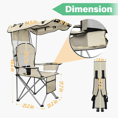 Camping Chair with Canopy Shade Portable Folding Beach Chairs with Cooler, Mesh Backrest, Cup Holder, and Pocket for Camping, Fishing, Beach, and Sports,White