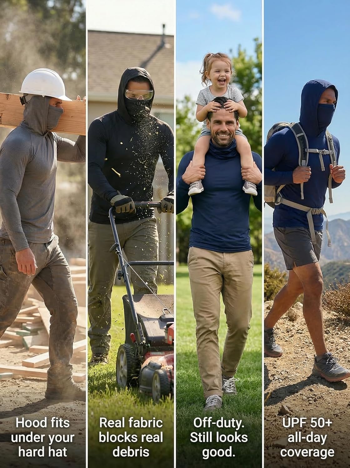 3 Pack Mens Sun Protection Fishing Hoodie with Face Mask UPF 50+ Long Sleeve Compression Work Shirt Construction Quick Dry