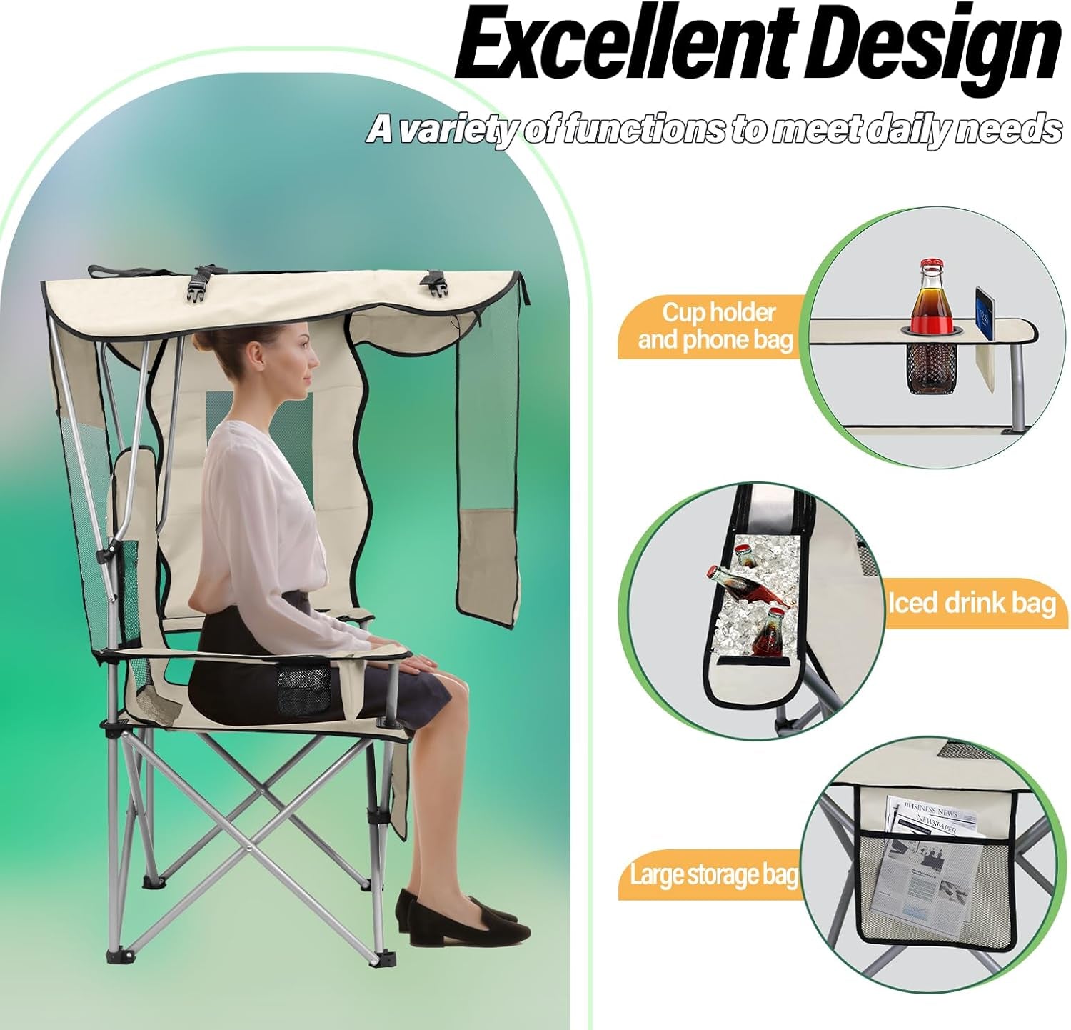 Camping Chair with Canopy Shade Portable Folding Beach Chairs with Cooler, Mesh Backrest, Cup Holder, and Pocket for Camping, Fishing, Beach, and Sports,White