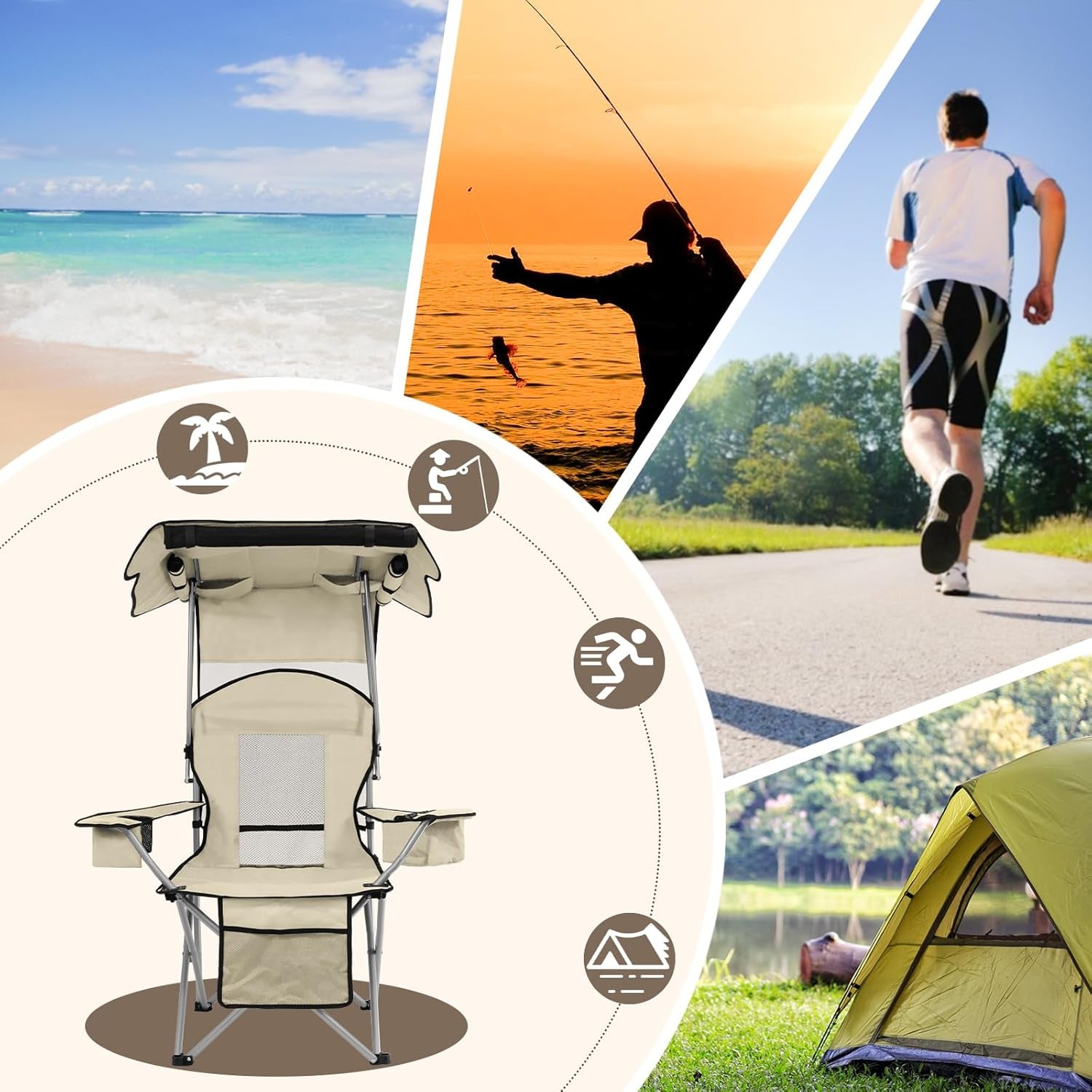 Camping Chair with Canopy Shade Portable Folding Beach Chairs with Cooler, Mesh Backrest, Cup Holder, and Pocket for Camping, Fishing, Beach, and Sports,White