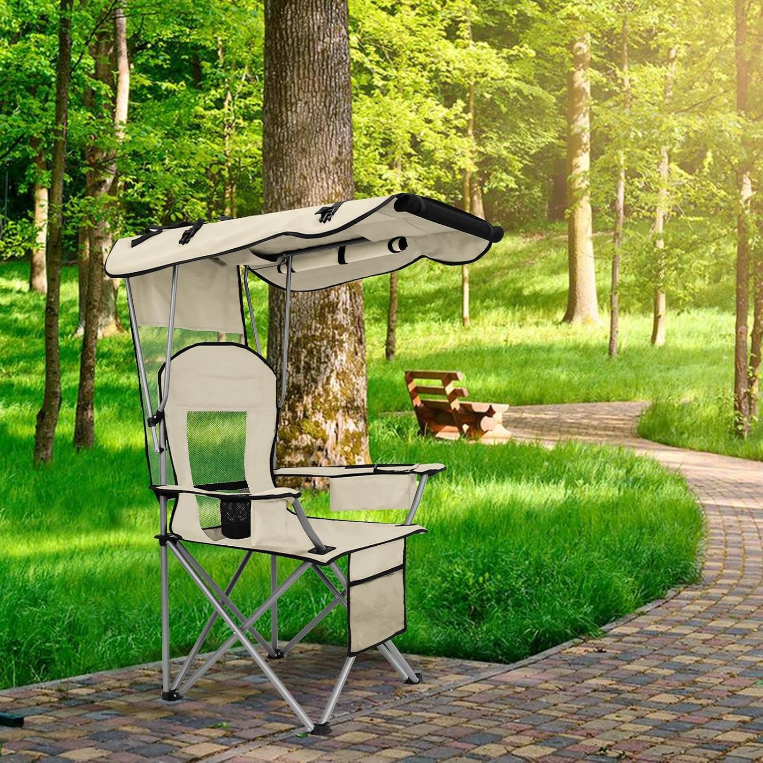 Camping Chair with Canopy Shade Portable Folding Beach Chairs with Cooler, Mesh Backrest, Cup Holder, and Pocket for Camping, Fishing, Beach, and Sports,White