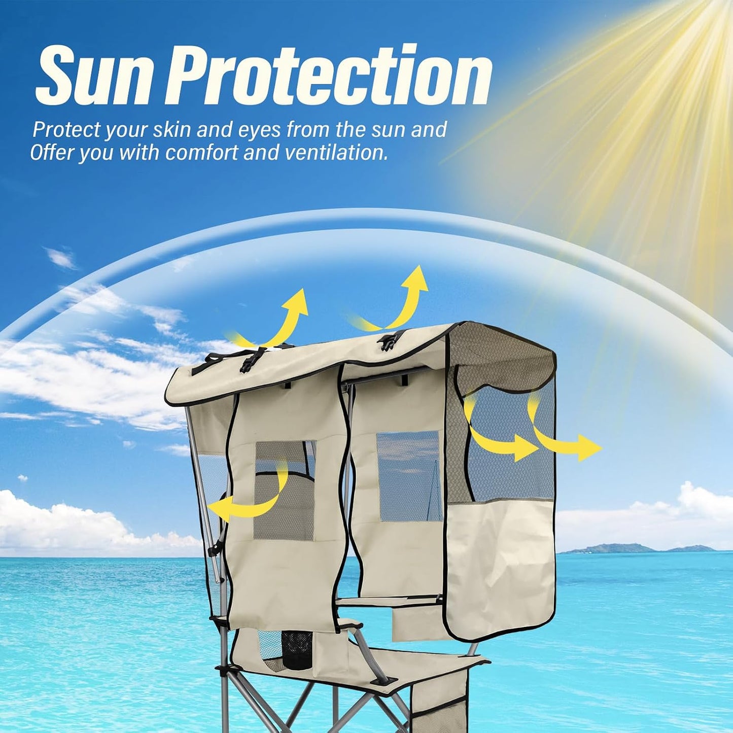Camping Chair with Canopy Shade Portable Folding Beach Chairs with Cooler, Mesh Backrest, Cup Holder, and Pocket for Camping, Fishing, Beach, and Sports,White