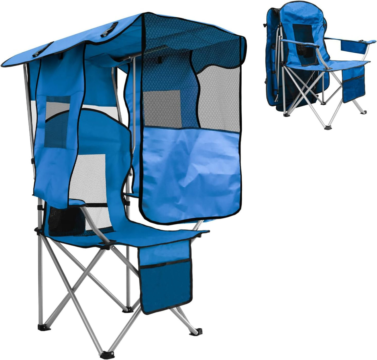 Camping Chair with Canopy Shade Portable Folding Beach Chairs with Cooler, Mesh Backrest, Cup Holder, and Pocket for Camping, Fishing, Beach, and Sports,White
