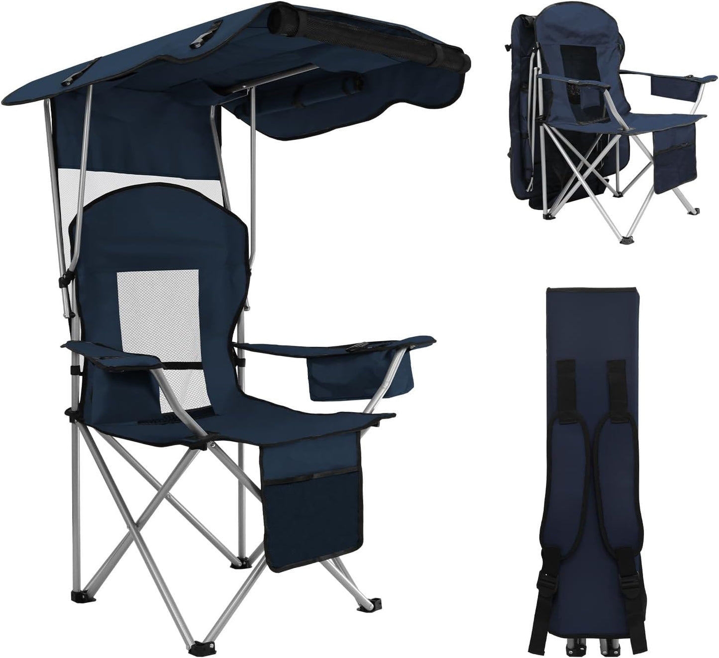 Camping Chair with Canopy Shade Portable Folding Beach Chairs with Cooler, Mesh Backrest, Cup Holder, and Pocket for Camping, Fishing, Beach, and Sports,White