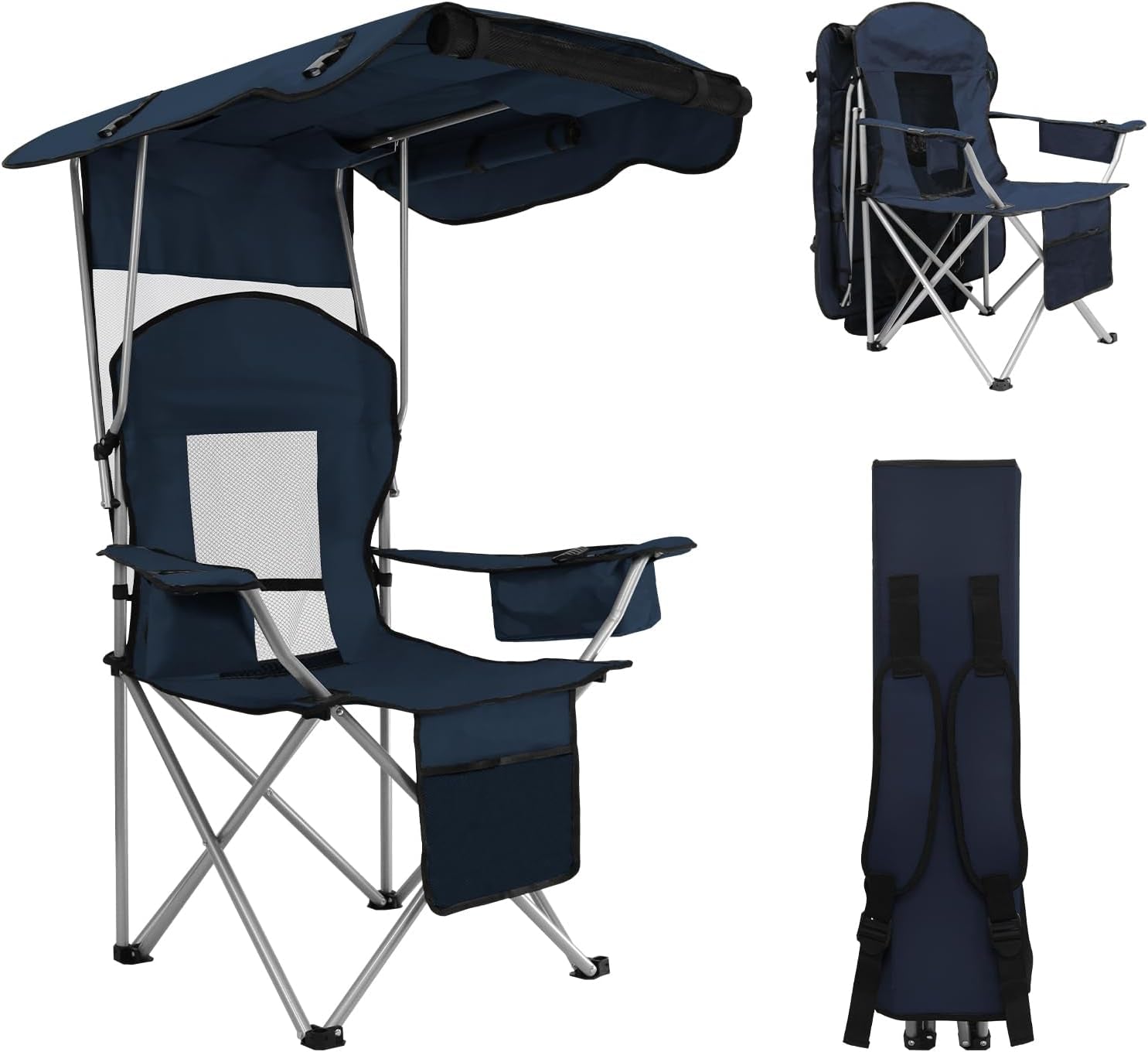 Camping Chair with Canopy Shade Portable Folding Beach Chairs with Cooler, Mesh Backrest, Cup Holder, and Pocket for Camping, Fishing, Beach, and Sports,White